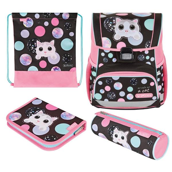 Ghiozdan echipat Herlitz Loop Plus, motiv Cute Cat (Negru/Roz)