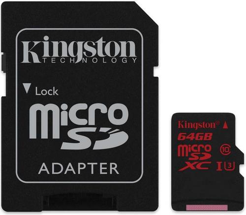 Card de memorie Kingston microSDXC U3 UHS-1 64GB (Class 10) + Adaptor SD title=Card de memorie Kingston microSDXC U3 UHS-1 64GB (Class 10) + Adaptor SD