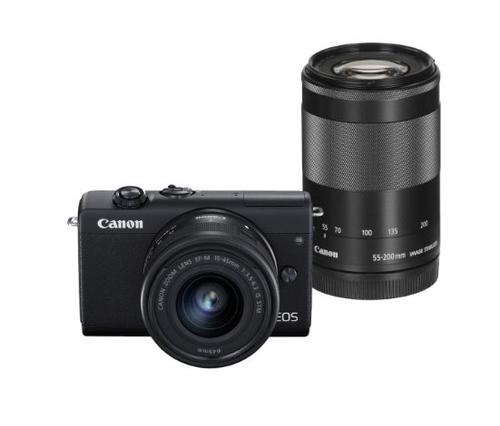 Aparat foto Mirrorless Canon EOS M200, 24.1 MP, 4K, Bluetooth, Wi-FI + Obiectiv 15-45mm F3.5-6.3 IS + Obiectiv 55-200mm F4.5-6.3 IS (Negru)