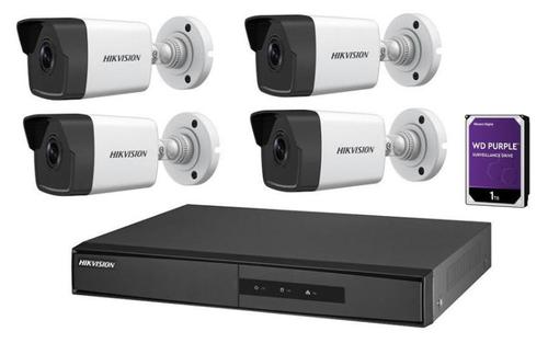 Kit supraveghere video Hikvision IP NK42E0H-1T(WD), 2MP; Kit-ul contine: 4 x camere IP DS-2CD1023G0E-I, 1 x NVR DS-7104NI-Q1/4P/M, 1 x HDD 1TB Western Digital (Preinstalat)