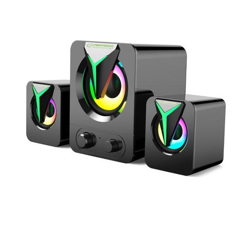 Boxe stereo 2.1, 10W, conectare jack 3.5mm, alimentare USB, Esperanza Rainbow Soprano 95857, iluminare RGB, Negru