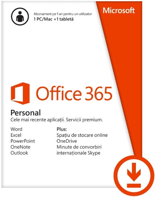 Office 365 Personal, Abonament anual, 1 utilizator, Multi Language, 1 PC/MAC + 1 Tableta/Smartphone, Licenta ESD (Electronica)