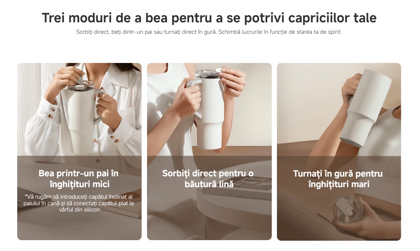 Trei moduri de a bea pentru a se potrivi capriciilor tale Sorbiți direct, beți dintr-un pai sau turnați direct în gură. Schimbă lucrurile în funcție de starea ta de spirit. Cană Xiaomi Straw Bea printr-un pai în înghițituri mici *Vă rugăm să introduceți capătul înclinat al paiului în cană și să conectați capătul plat la vârful din silicon Cană Xiaomi Straw Sorbiți direct pentru o băutură lină Cană Xiaomi Straw Turnați în gură pentru înghițituri mari