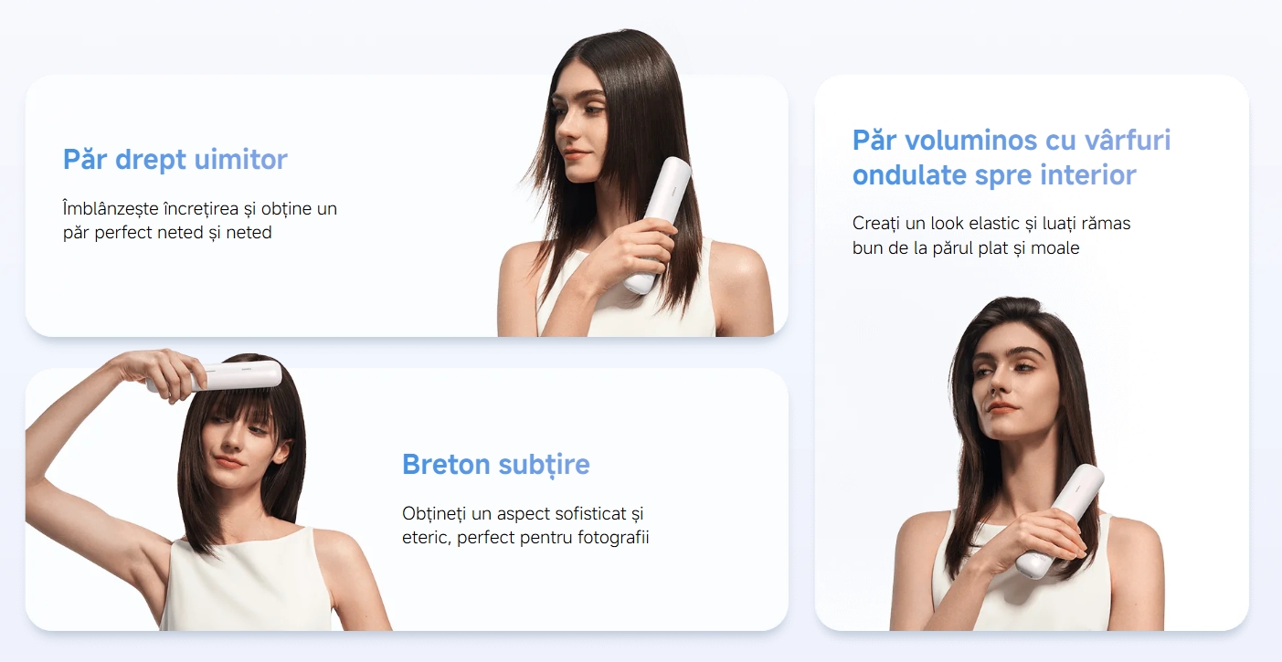 Păr drept uimitor Îmblânzește încrețirea și obține un păr perfect neted și neted  Breton subțire Obțineți un aspect sofisticat și eteric, perfect pentru fotografii  Păr voluminos cu vârfuri ondulate spre interior Creați un look elastic și luați rămas bun de la părul plat și moale