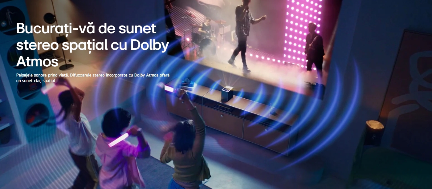 Bucurați-vă de sunet stereo spațial cu Dolby Atmos Peisajele sonore prind viață. Difuzoarele stereo încorporate cu Dolby Atmos oferă un sunet clar, spațial.