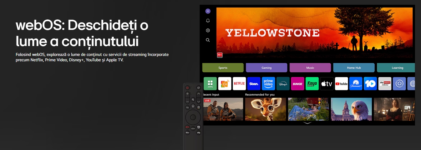 webOS: Deschideți o lume a conținutului Folosind webOS, explorează o lume de conținut cu servicii de streaming încorporate precum Netflix, Prime Video, Disney+, YouTube și Apple TV.