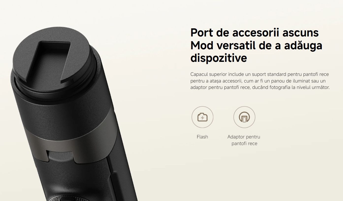 Port de accesorii ascuns Mod versatil de a adăuga dispozitive Capacul superior include un suport standard pentru pantofi rece pentru a atașa accesorii, cum ar fi un panou de iluminat sau un adaptor pentru pantofi rece, ducând fotografia la nivelul următor.