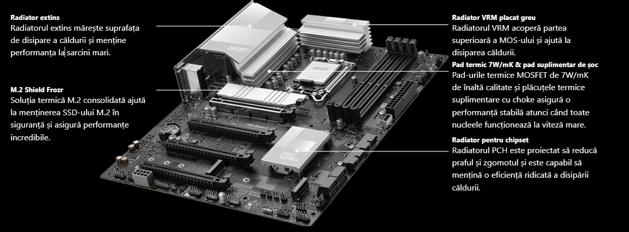 Prezentare generală a răcirii msi PRO B860-P Radiator extins Radiatorul extins mărește suprafața de disipare a căldurii și menține performanța la sarcini mari.  M.2 Shield Frozr Soluția termică M.2 consolidată ajută la menținerea SSD-ului M.2 în siguranță și asigură performanțe incredibile.  Radiator VRM placat greu Radiatorul VRM acoperă partea superioară a MOS-ului și ajută la disiparea căldurii.  Pad termic 7W/mK & pad suplimentar de șoc Pad-urile termice MOSFET de 7W/mK de înaltă calitate și plăcuțele termice suplimentare cu choke asigură o performanță stabilă atunci când toate nucleele funcționează la viteză mare.  Radiator pentru chipset Radiatorul PCH este proiectat să reducă praful și zgomotul și este capabil să mențină o eficiență ridicată a disipării căldurii.