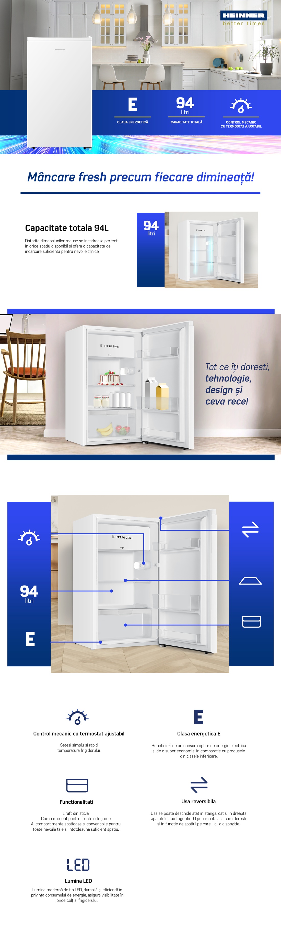 Frigider cu 1 usa HEINNER HF-HS94E++, 94 l, Clasa E, Control