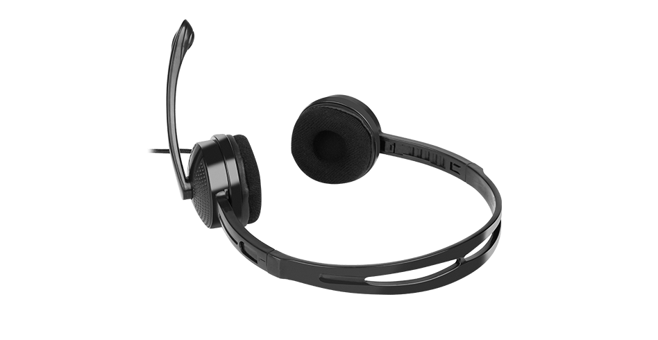 Casti stereo negre cu microfon si control al volumului, cu un design usor pentru o purtare confortabila