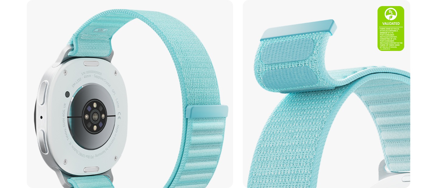 On the left, Galaxy Watch8 is positioned sideways, displaying the bottom of the watch body and is attached to a Mint Galaxy Watch8 Fabric Band, forming a closed loop. On the right, a close-up shot of the soft material and velcro closure on a Mint Galaxy Watch8 Fabric Band. UL Validated symbol with the following text Fabric Band (ET-SVL32, ET-SVL33) contains a minimum of 21% post-consumer recycled content, consisting of 44% post-consumer recycled content in the fabric of Fabric Band (ET-SVL32, ET-SVL33). UL.COM/ECV