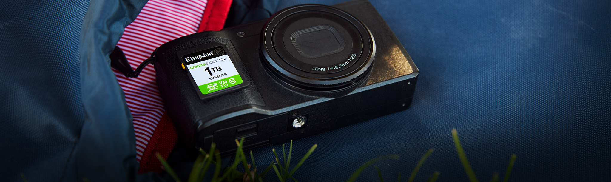 A Canvas Select Plus SD card placed on a mirrorless camera