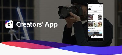 Ilustratie cu Creators’ App cu imagine de utilizare pe fundal si un smartphone demonstrand compatibilitatea