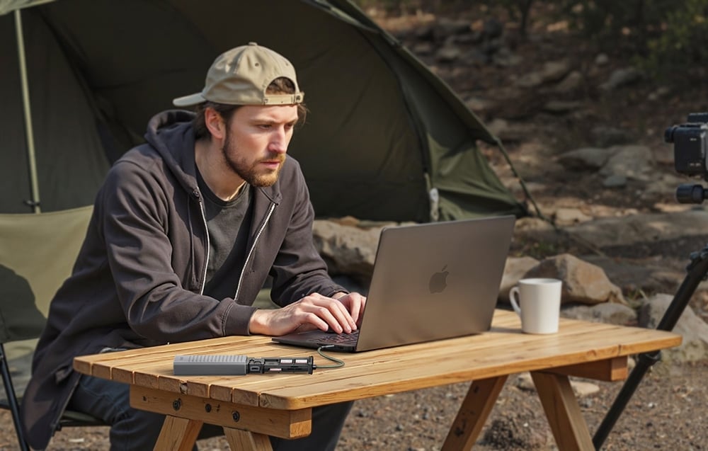 Un bărbat folosește un laptop la o masă de lemn, pe fundalul unui cort în aer liber, cu un hub conectat