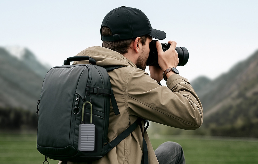 Un fotograf cu aparatul foto are un cititor de carduri portabil marca UGREEN atașat la rucsac