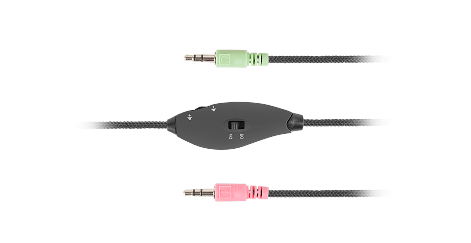 Casti over-ear negre cu microfon, cablu impletit si conectori audio codificati prin culori