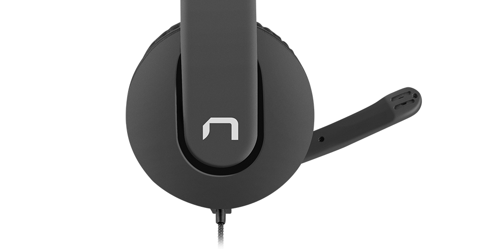 Casti over-ear Natec Rhea negre cu microfon si design elegant, cu un logo proeminent pe cupa