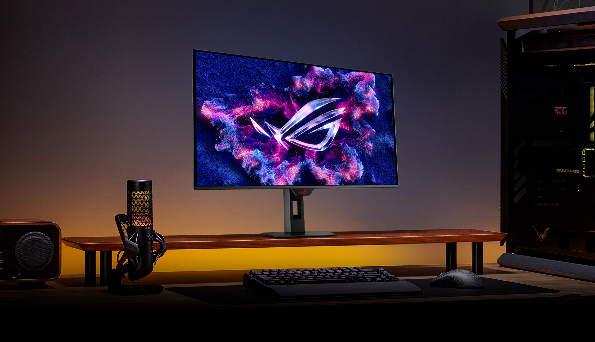 XG32UQDMS monitor on a screen stand with a mic in the foreground