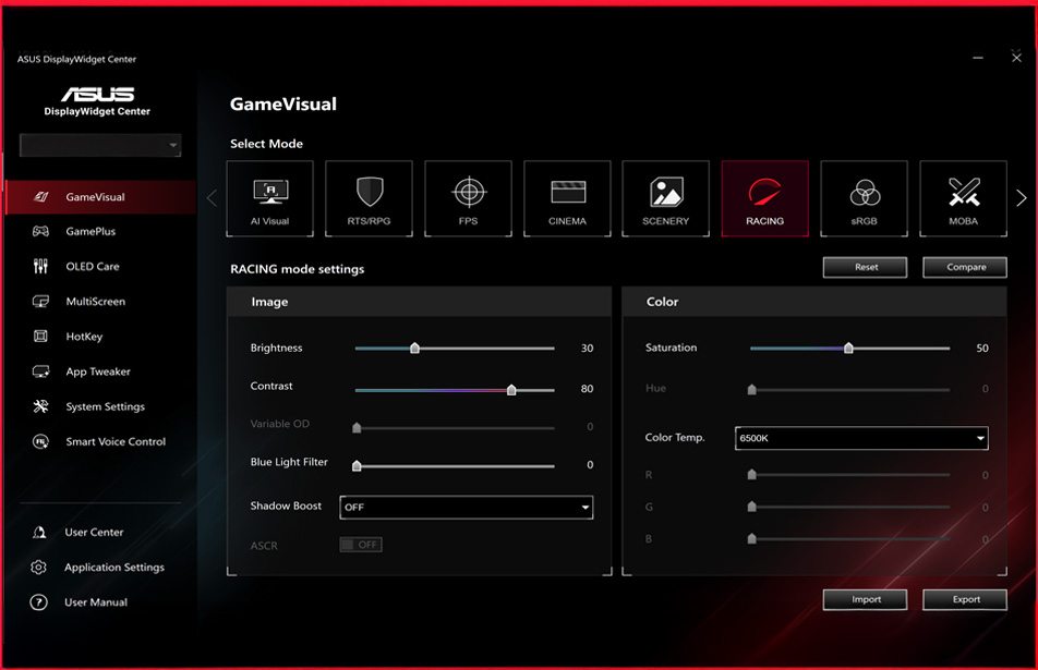 Screenshot of the new ASUS DisplayWidget Center UI showing system settings, OLED functions, and more.