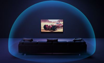 Reprezentare vizuala cu un televizor BRAVIA intr-o sufragerie, cu sunet Dolby Atmos® si DTS®.