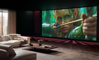 Sufragerie care se transforma intr-un cinema, cu un arcas dintr-o poveste fantastica, in culori intense.