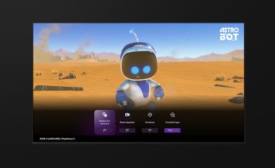 Captura de ecran cu meniul BRAVIA de setari pentru jocuri peste o scena din jocul Astro Bot.