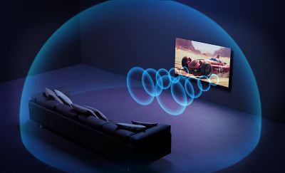 Reprezentare vizuala cu un televizor BRAVIA intr-o sufragerie, cu sunet Dolby Atmos® si DTS®.