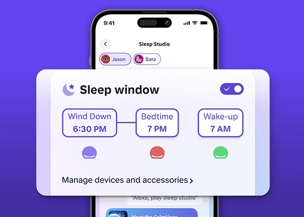 Phone displaying Sleep Studio app with sleep window settings showing Wind Down at 6:30 PM, Bedtime at 7 PM, and Wake-up at 7 AM.