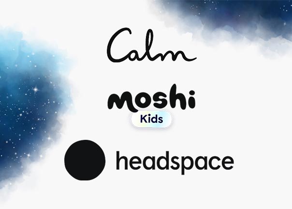 Echo Dot Kids with Calm, Moshi Kids, and Headspace apps displayed against starry sky background.