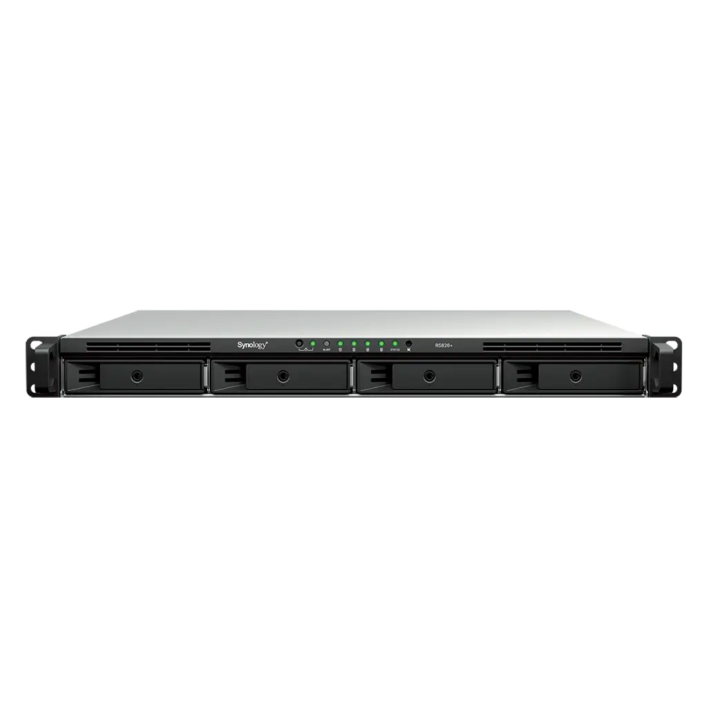 Synology RackStation RS826+ — vedere frontala, format 1U cu 4 bay-uri