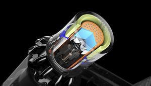 Imagine sectionata cu filtrul aspiratorului Dyson V11™ indicand izolatia acustica