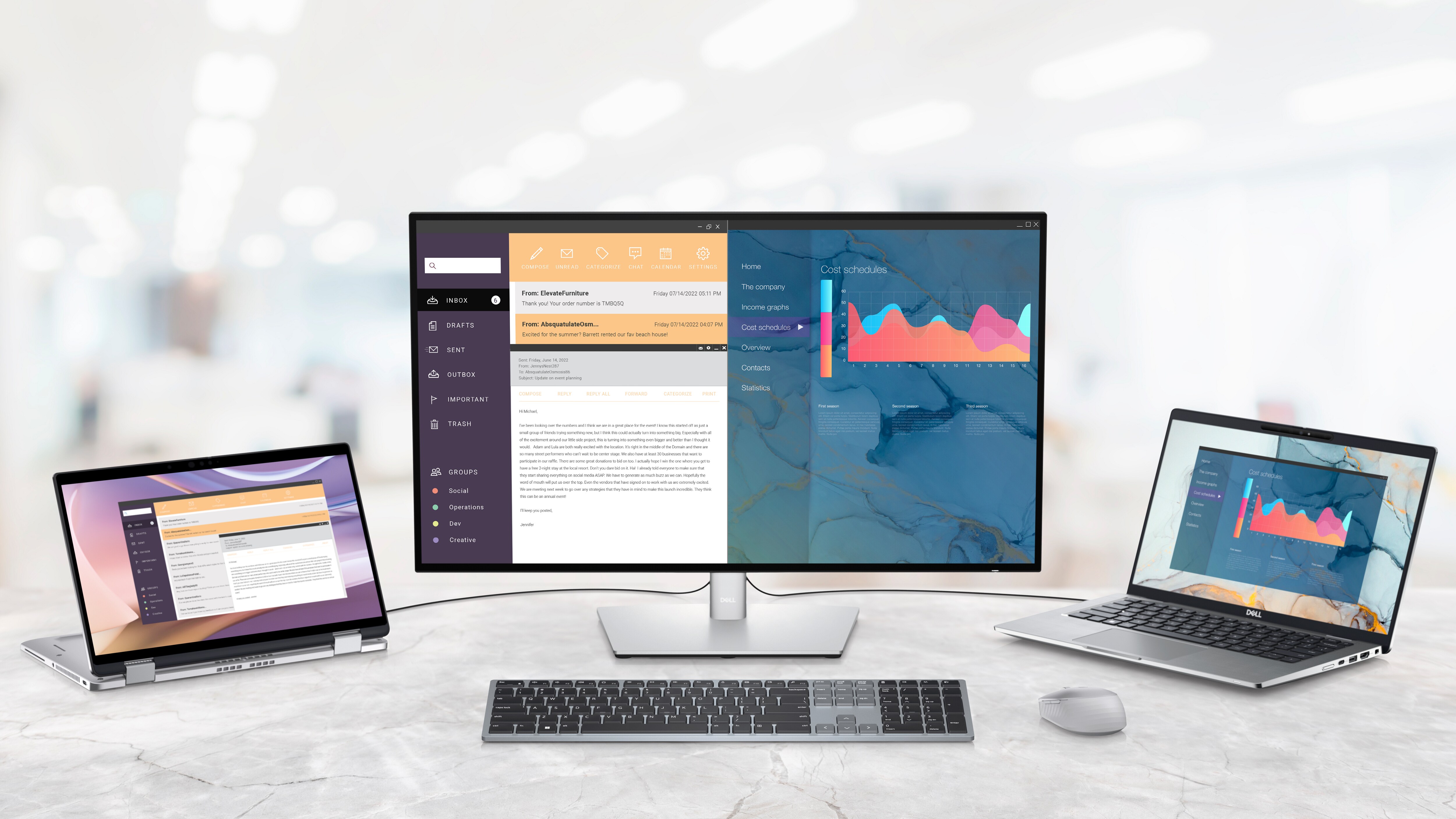 Imaginea unei tastaturi fara fir pentru mai multe dispozitive Dell KB700 conectata la un mouse si un monitor Dell, laptop si dispozitiv 2-in-1.