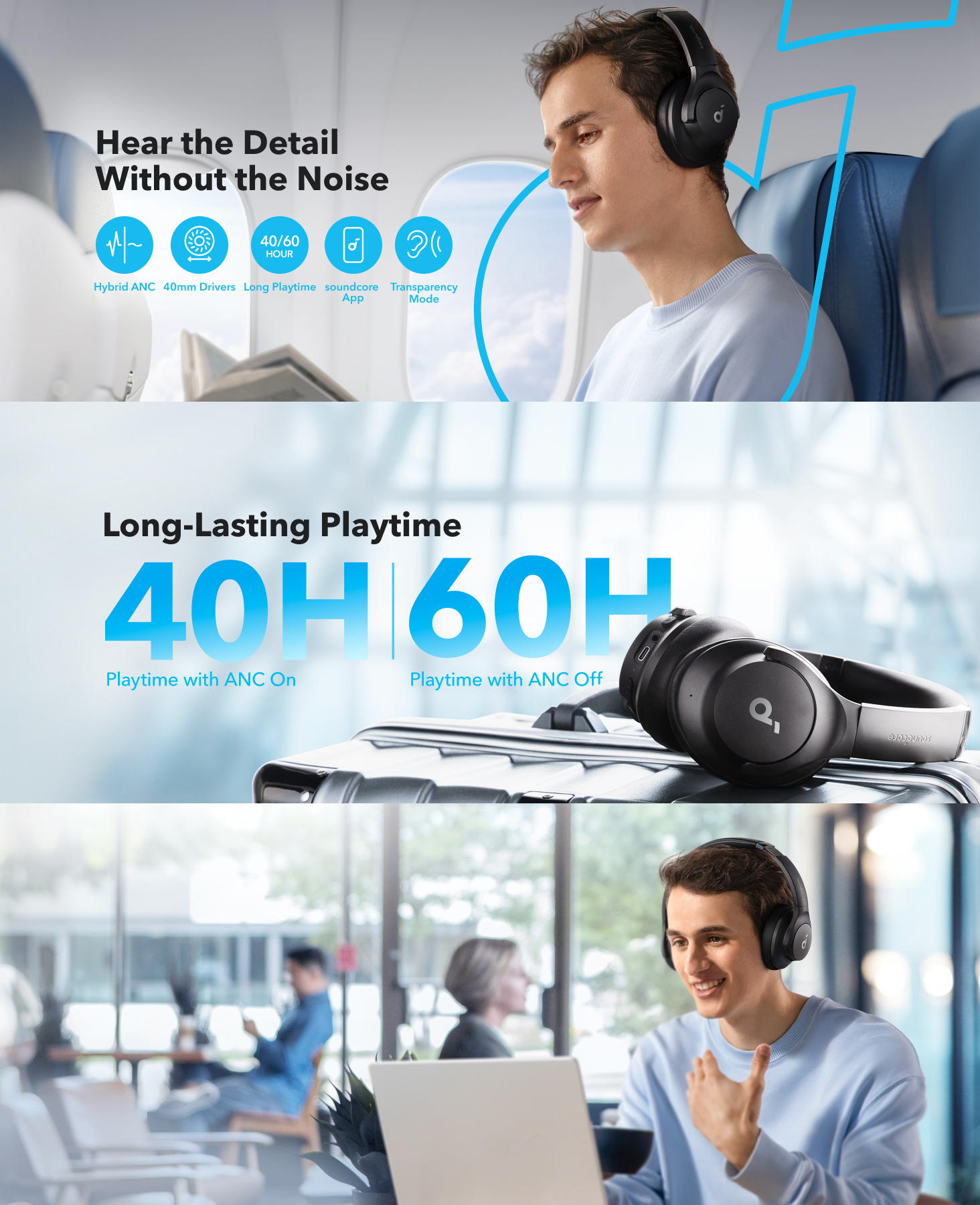 Casti Wireless Over-Ear Anker Soundcore Life Q20i, Hybrid Active Noise Cancelling, Big Bass, Transparency Mode, Negru