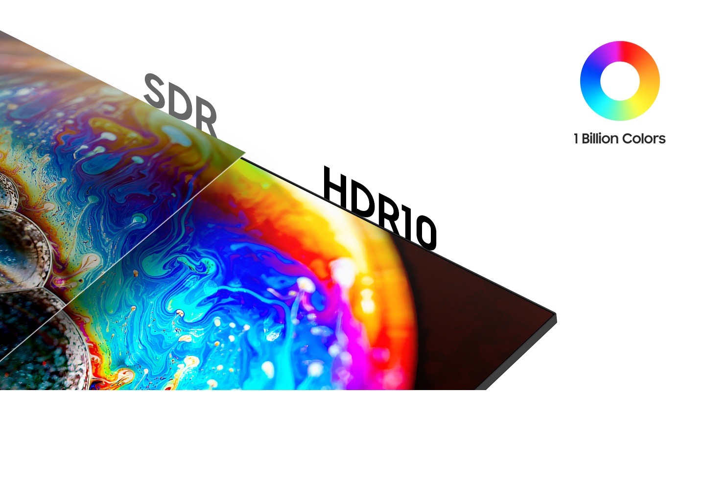 Se compara SDR si HDR10, iar imaginea pentru HDR10 este mai luminoasa si mai vie. Alaturi de imagini, sunt cateva pictograme reprezentand 1 miliard de culori.