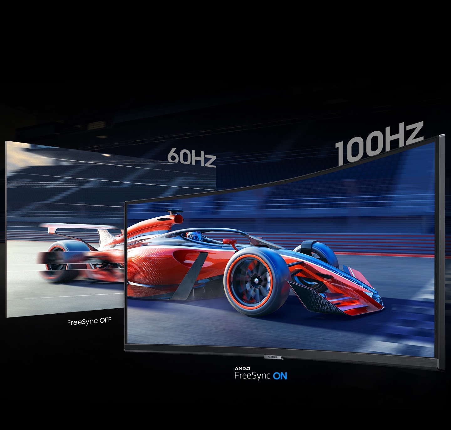 Pe ecranul din stanga, AMD FreeSync este oprit cu 60Hz, iar pe ecranul din dreapta, AMD FreeSync este pornit cu 100Hz. Balbaiala apare pe ecranul din stanga, dar ecranul din dreapta arata continutul fara probleme.