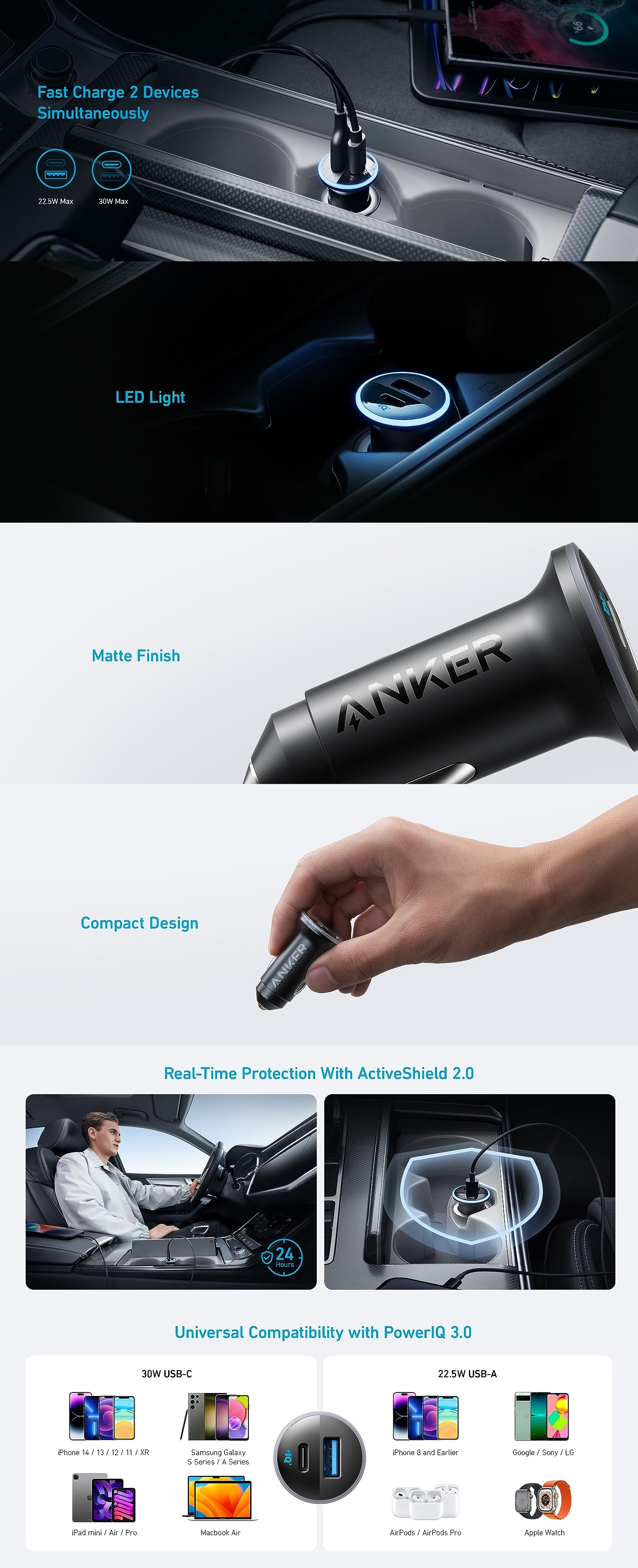 Incarcator auto Anker 323 52.5W, USB-C, USB-A, Power Delivery, PowerIQ 3.0, Negru