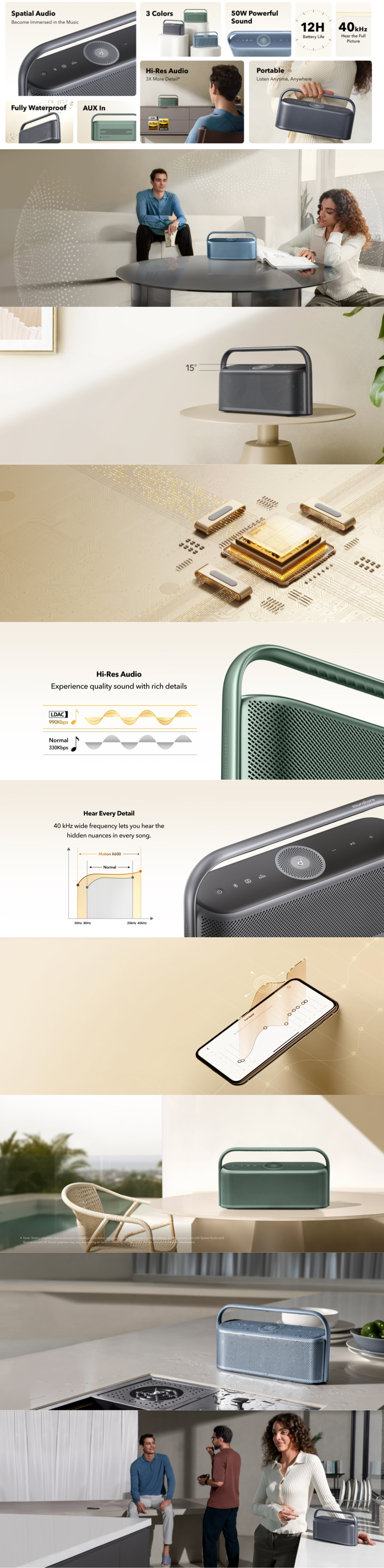 Boxa portabila Anker SoundCore Motion X600, 50W, Wireless Hi-Res Spatial Audio, IPX7, Negru