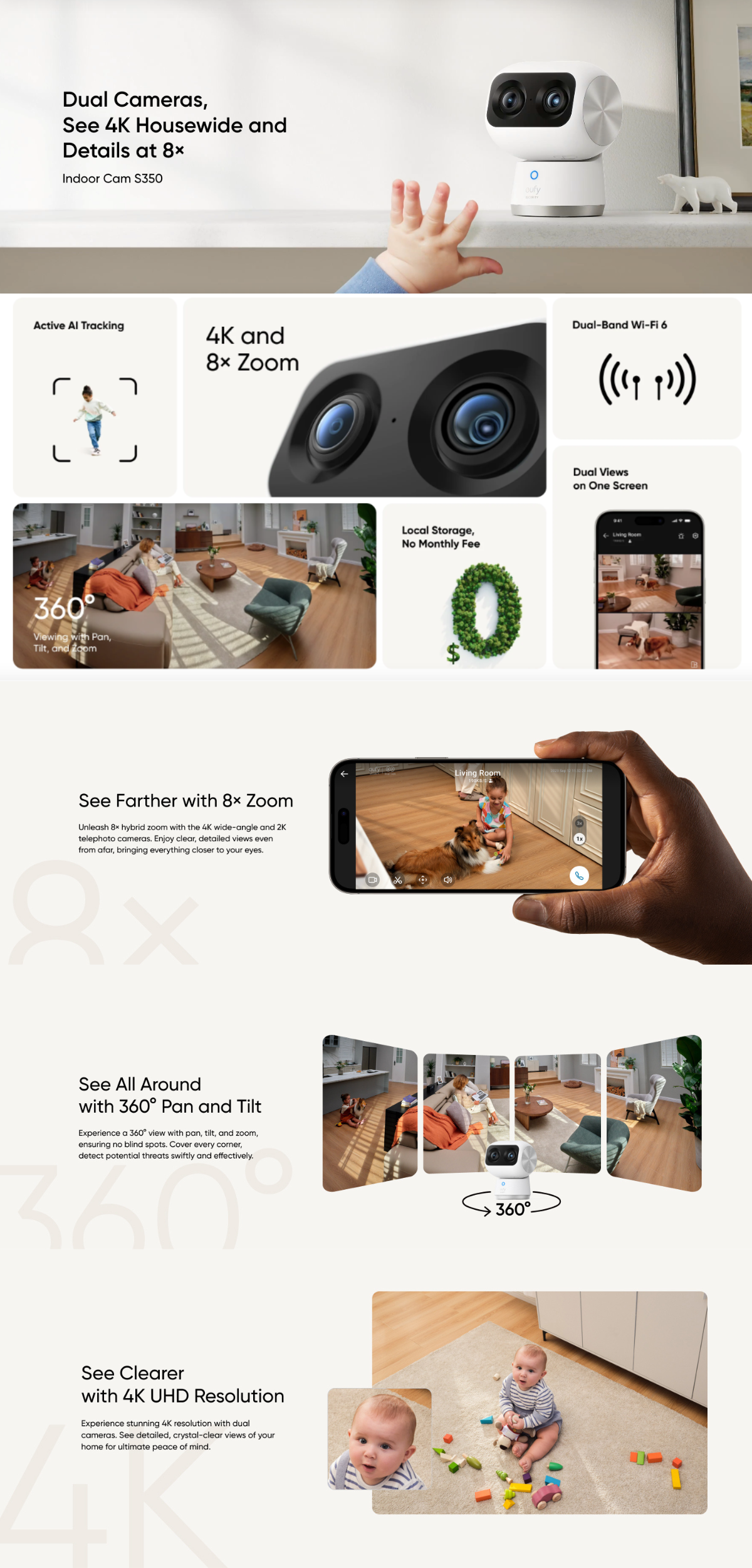Camera de supraveghere eufy Security S350 Interior, Dual Camera, Rezolutie 4K UHD, 8× Zoom, 360° PTZ, AI, Dual-Band Wi-Fi