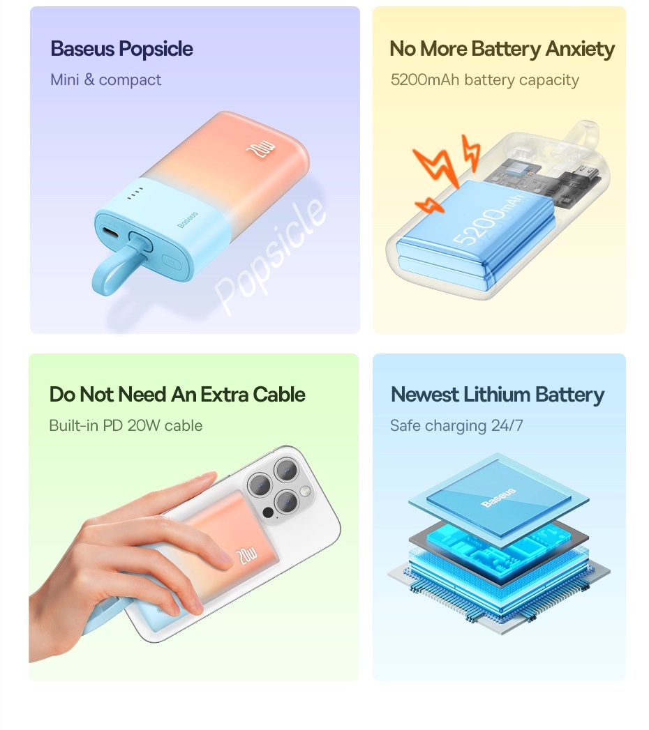 Baterie externa Baseus Popsicle 20W pentru iPhone cu cablu