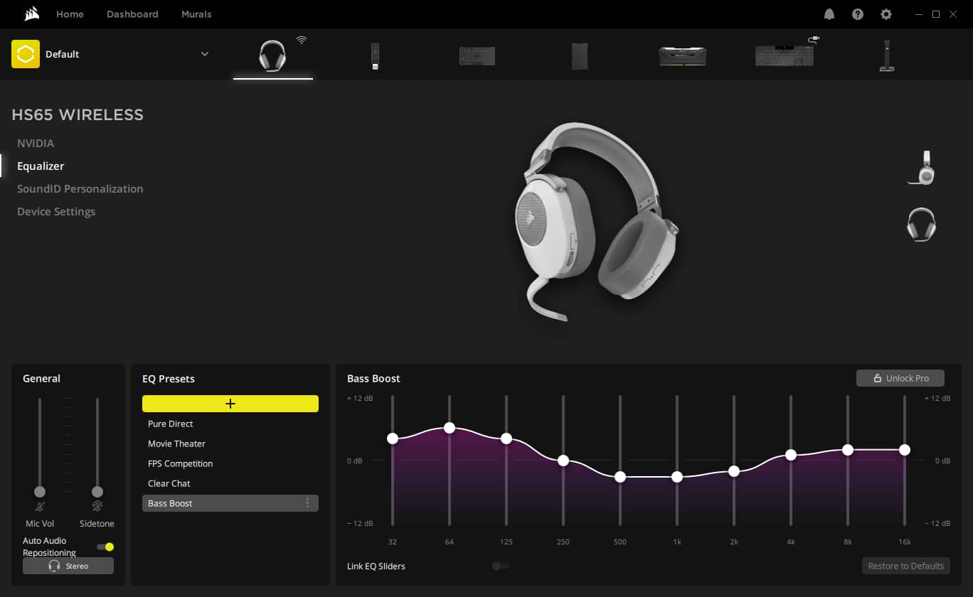 HS65 WIRELESS displayed in iCUE dashboard.