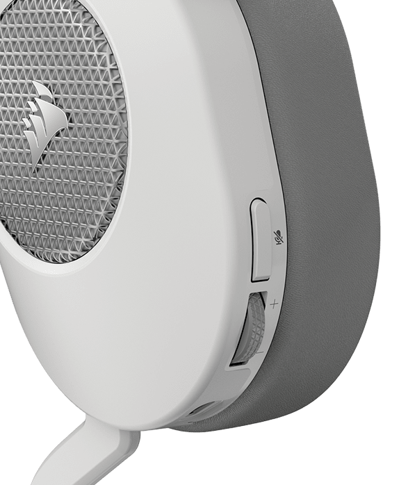 Close-up shot of the HS65 WIRELESS gaming headset to show on-ear volume controls.