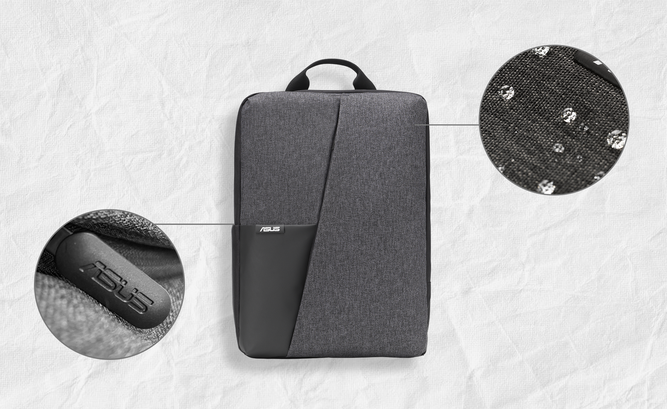 The front view of the ASUS AP4600 backpack. The small images depict the durable zipper and water-repellent fabric.