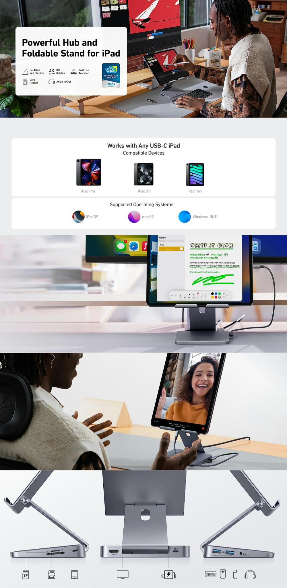 Hub Anker 551 USB-C 8-in-1, cu stand pliabil pentru tableta, 4K HDMI, 2 USB-A, microSD : SD, Gri