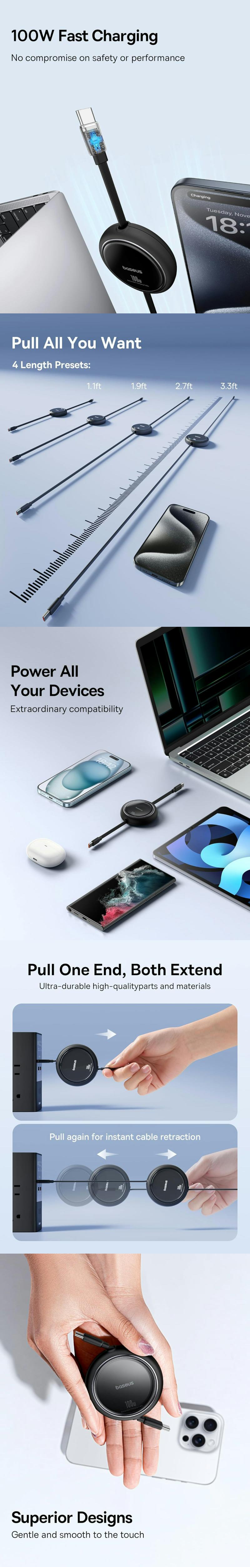 Cablu Baseus Free2Draw Mini Retractable, USB-C la USB-C 100W 1m