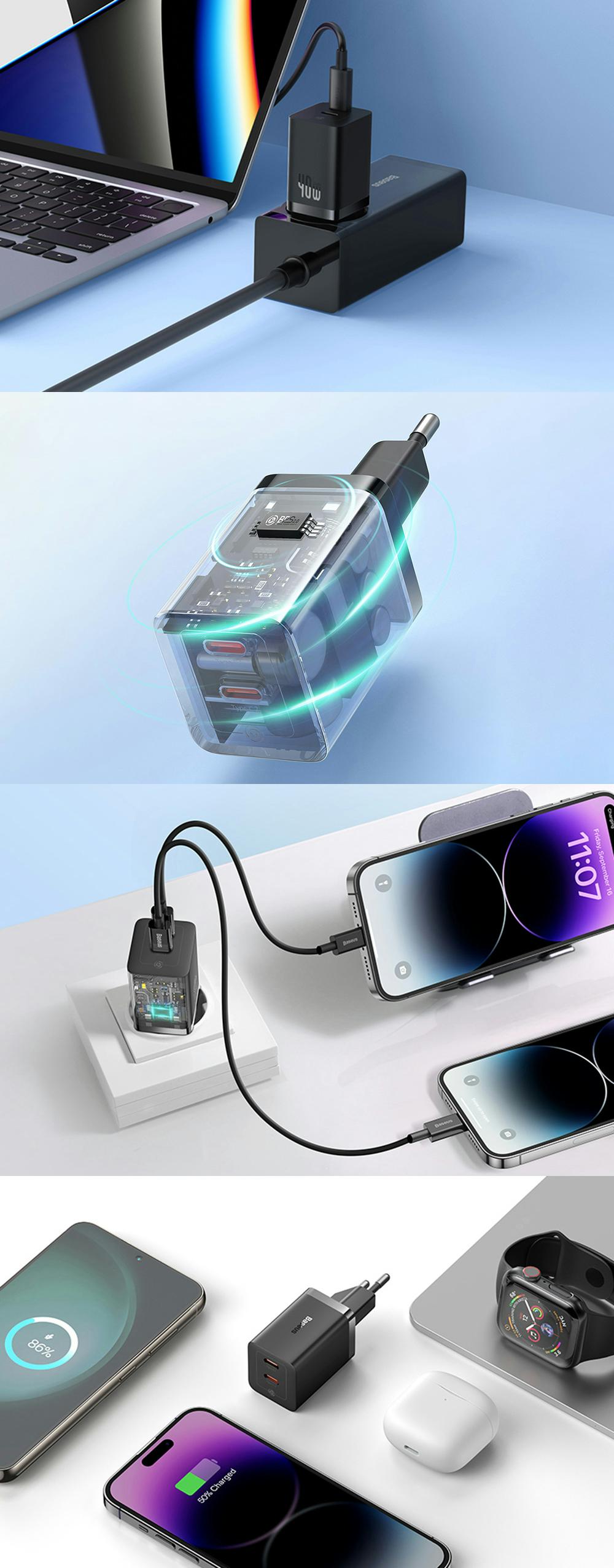 Incarcator rapid Baseus GaN5 Pro, 2x USB-C, 40W, Negru