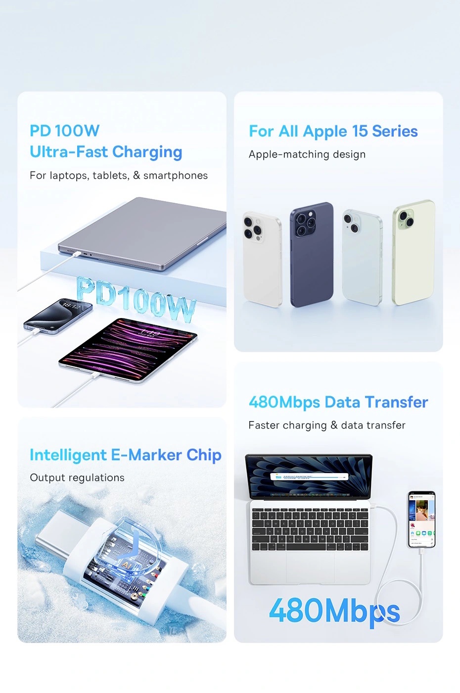 Cablu Baseus Superior Series 2, Incarcare rapida, USB-C la USB-C 100W 1m, Alb