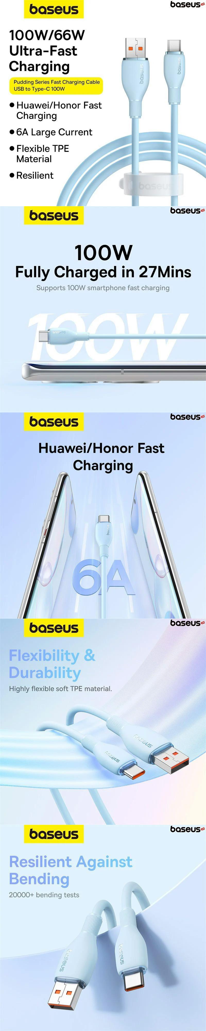 Cablu Baseus Pudding Series, USB la USB-C, 100W, Fast Charging, 1.2m