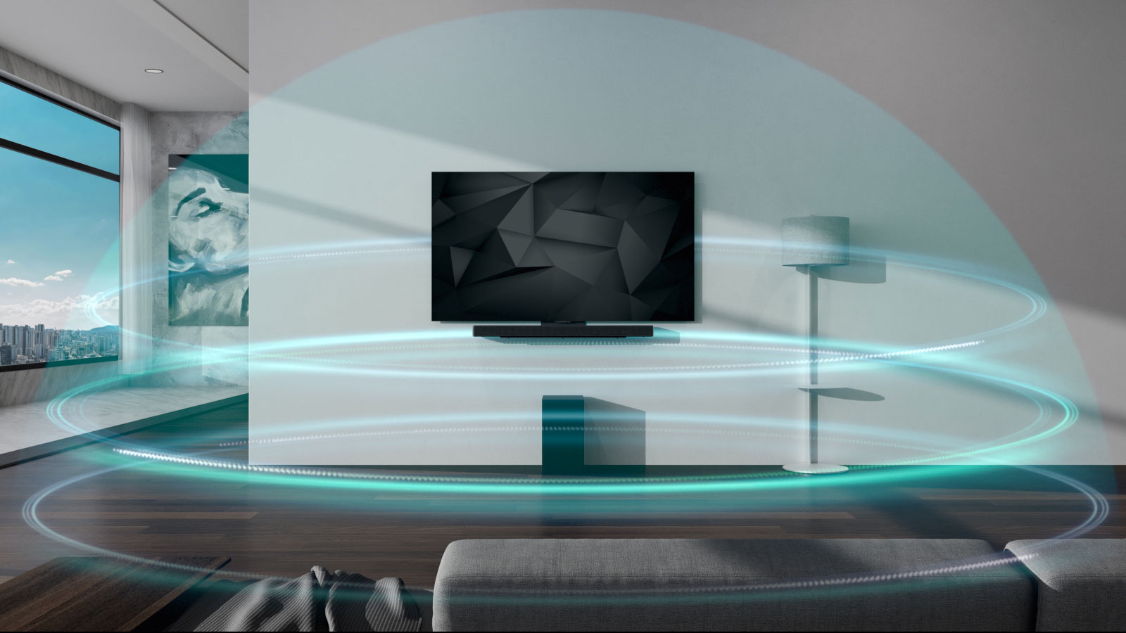 Unde sonore albastre in forma de cupola si pe 3 straturi acopera bara de sunet si televizorul agatate de peretele din camera de zi.