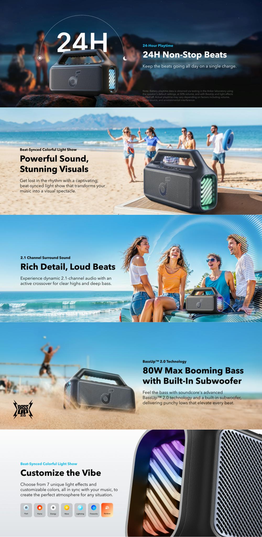 Boxa portabila Anker Soundcore Boom 2, 80W, BassUp 2.0, IPX7, Lumini RGB, Bluetooth 5.3, Negru