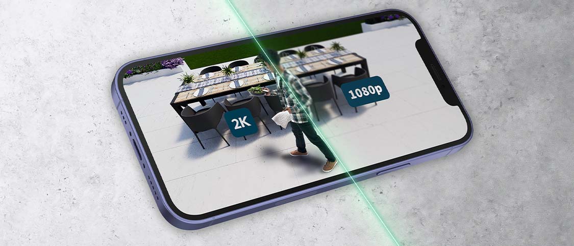 Ecranul unui telefon mobil arata un barbat intr-un restaurant si evidentiaza claritatea rezolutiei video 2K oferita de camera de exterior Arlo Essential 2K
